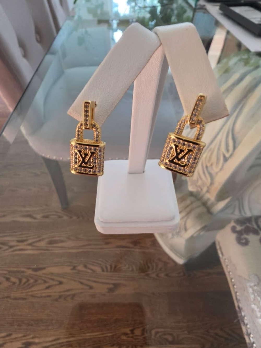 LUXURY Gold Padlock Charm Earrings - Gold Crystal Accents